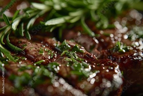 A detailed view of a steak topped with a variety of herbs for added flavor and aroma
