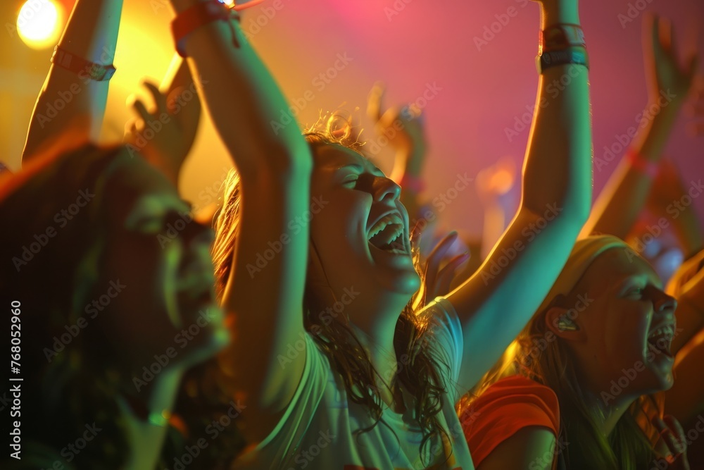 Enthusiastic fans at a concert raising their arms in excitement and cheering for the performers on stage