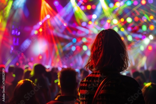 A person standing in front of a lively crowd at a concert, illuminated by colorful light patterns