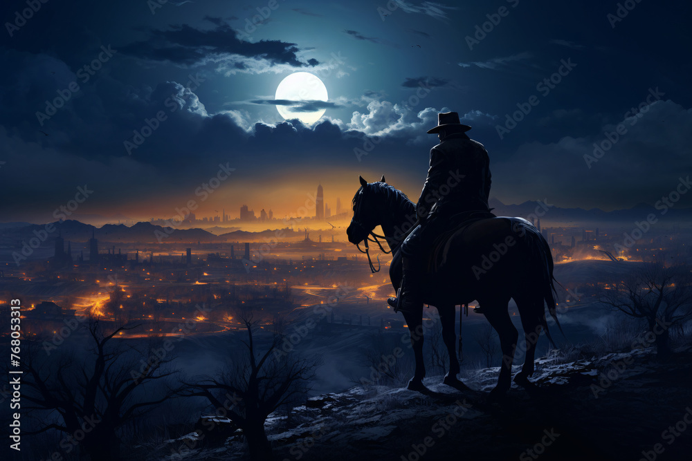 a man on a horse looking at a city at night
