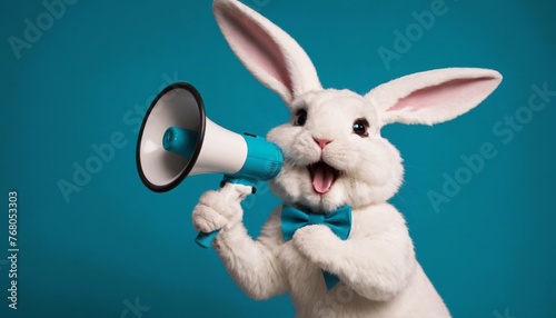 Cute White Easter Bunny holding a megaphone, easter concept
