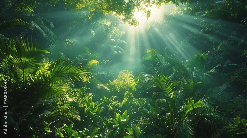 Sunlight Illuminating the Dense Greenery of a Mystical Forest.