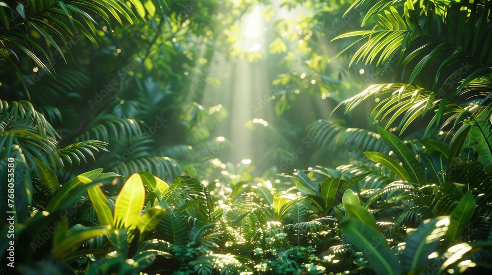 Ethereal Sunlight Piercing Through Vibrant Tropical Forest Canopy.