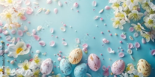 Eerie easter: congratulatory holiday background with vibrant eggs and flowers photo