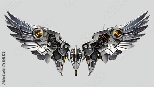 The wings are made of metal and have a mechanical look to them