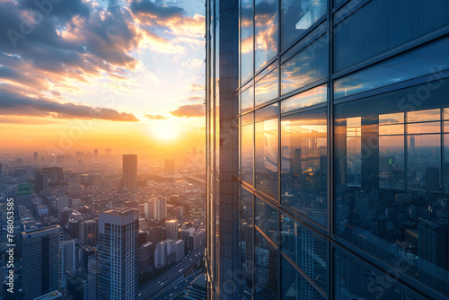 Photo of glass skyscraper. Sunset, big city and part of building on the image