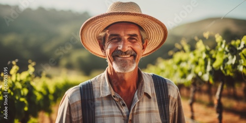Senior farmers in straw hat working in vineyard. Posing. Generative AI.