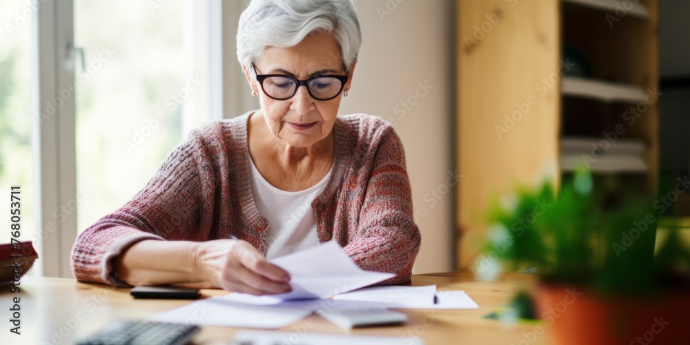 An elderly woman fills the bill for payment of utility services. Generative AI. An elderly woman fills the bill for payment of utility services. Generative AI.