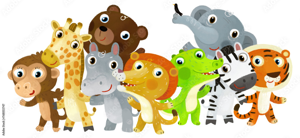 Obraz premium Cartoon zoo scene with zoo animals friends together in amusement park on white background with space for text illustration for children