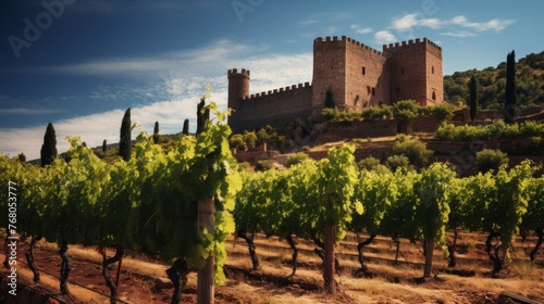 Medieval Castle Overlooking Vineyards with Ripe Grape Bunches
