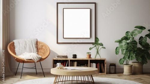 Interior of modern living room with white walls, wooden floor, comfortable armchair, coffee table with books and plant. Vertical mock up poster frame .