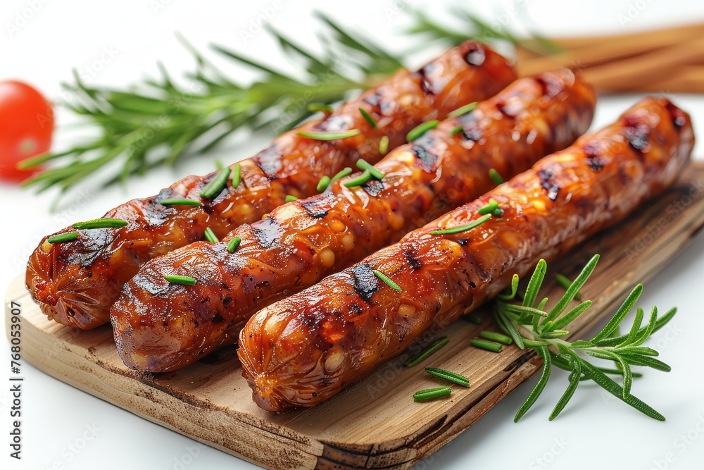Savory Grilled Sausages Garnished with Fresh Herbs.