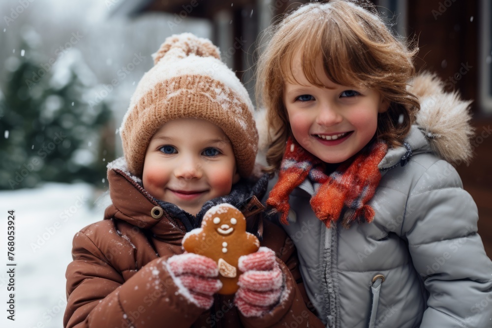 Obraz premium Happy siblings standing with gingerbread man cookies. Generative AI.