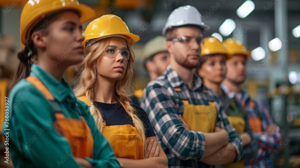 A group of young workers stands in the workshop and listens attentively to the speaker. Election marathon, future presidential elections A group of young workers stands in the workshop and listens attentively to the speaker. Election marathon, future presidential elections
