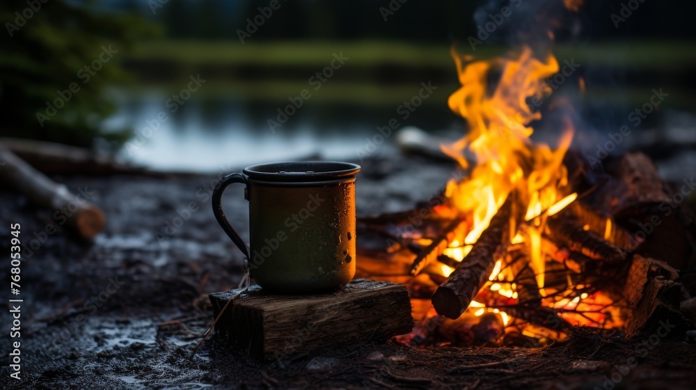 Metal campfire enamel mug with hot herbal tea on campfire Metal campfire enamel mug with hot herbal tea on campfire