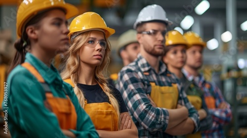 A group of young workers stands in the workshop and listens attentively to the speaker. Election marathon  future presidential elections