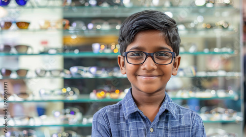 A young Indian boy wearing glasses smiling as the child kid stands in front of a display case of glasses at an eye retail store