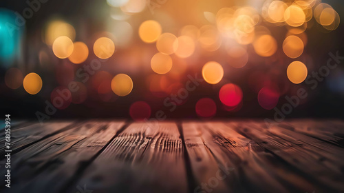 Warm and inviting, this image features a dark wood table with a blurred background of twinkling lights.