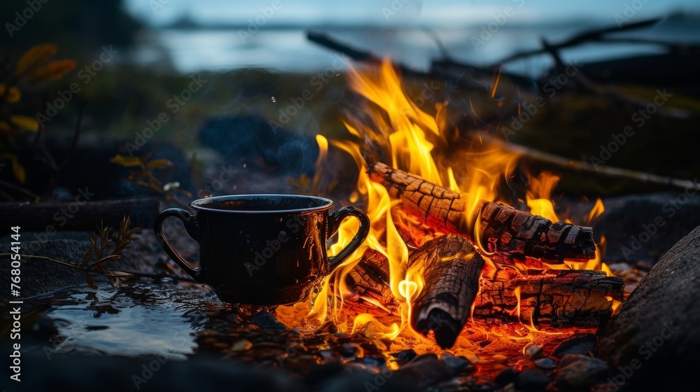 Metal campfire enamel mug with hot herbal tea on campfire Metal campfire enamel mug with hot herbal tea on campfire
