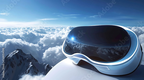 The image shows a futuristic virtual reality headset with a blue sky and clouds in the background. The headset is placed on a white surface. photo