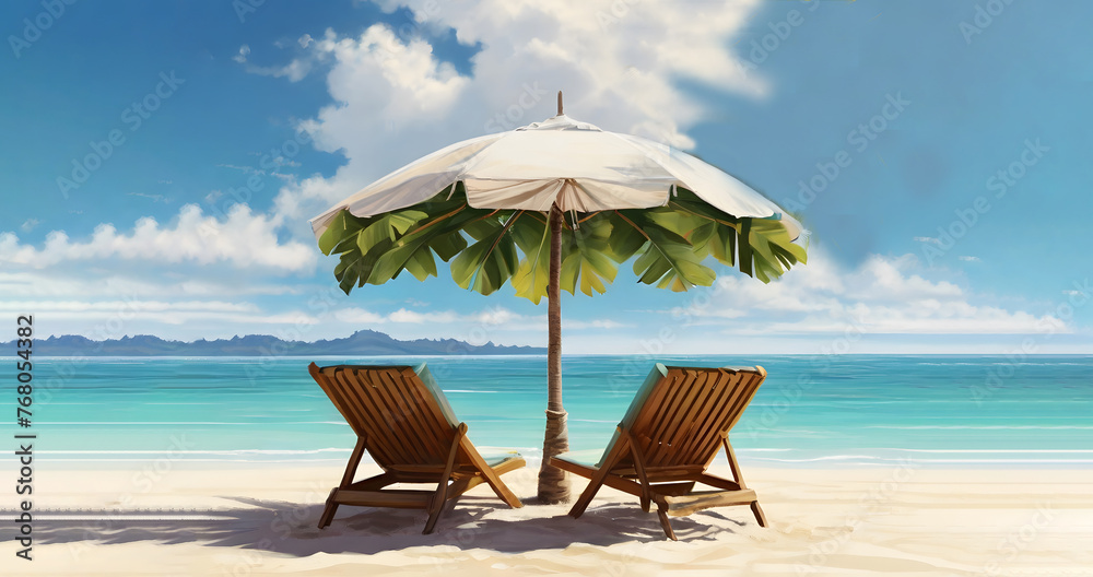 Amazing beach. Romantic chairs umbrella on sandy beach palm tree leaves, sun sea sky. Summer holiday, couples vacation. Love happy tropical landscape. Tranquil island coast relax beautiful landscape