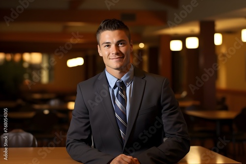 Young businessman in a restaurant setting - Man in business suit seated in restaurant with warm ambiance