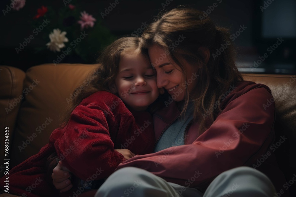a mother and daughter hugging on the couch a mother and daughter hugging on the couch