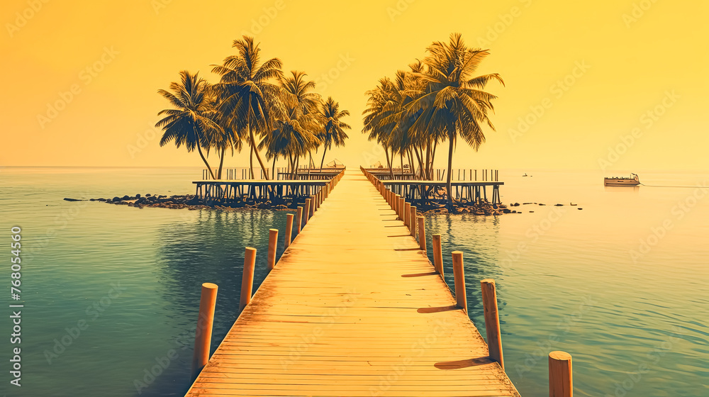 A wooden bridge spans a body of water with palm trees on either side A wooden bridge spans a body of water with palm trees on either side