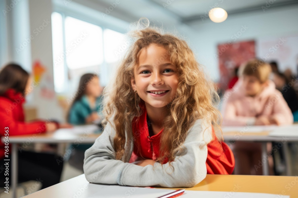 a young girl sitting at a table and looking around at the other students in the classroom a young girl sitting at a table and looking around at the other students in the classroom