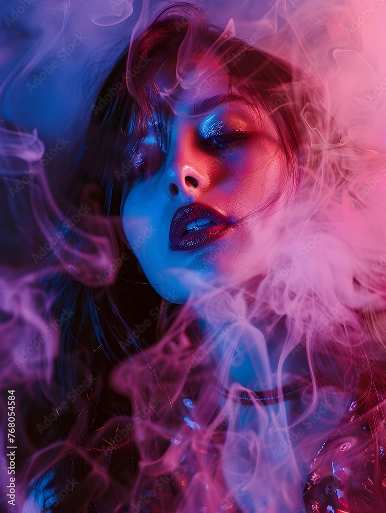 Woman amidst smoke and colored lights - Abstract image of a woman enshrouded in multicolored smoke, suggesting mystery and edginess
