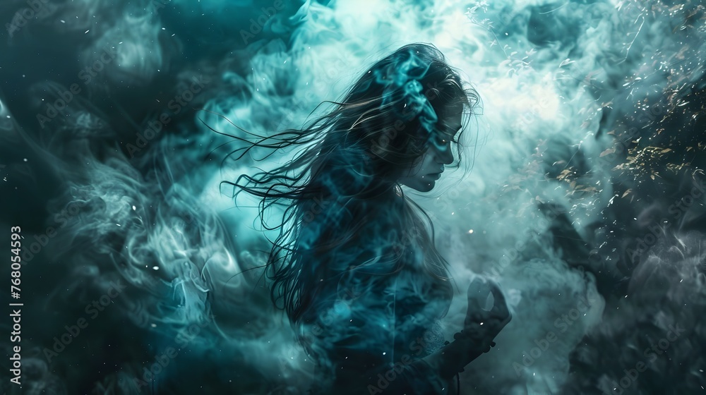 Ethereal woman floating in aqua smoke - A hauntingly ethereal image of a woman floating amidst swirling aqua-colored smoke, evoking a sense of depth
