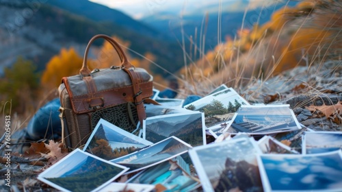 A heap of printed travel photographs strewn on the ground, echoing memories and the wanderlust spirit.