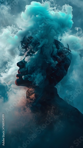 Portrait of a person with blue smoke abstraction - A striking portrait of an individual is enhanced by the addition of billowing blue smoke, creating an abstract artistic flair