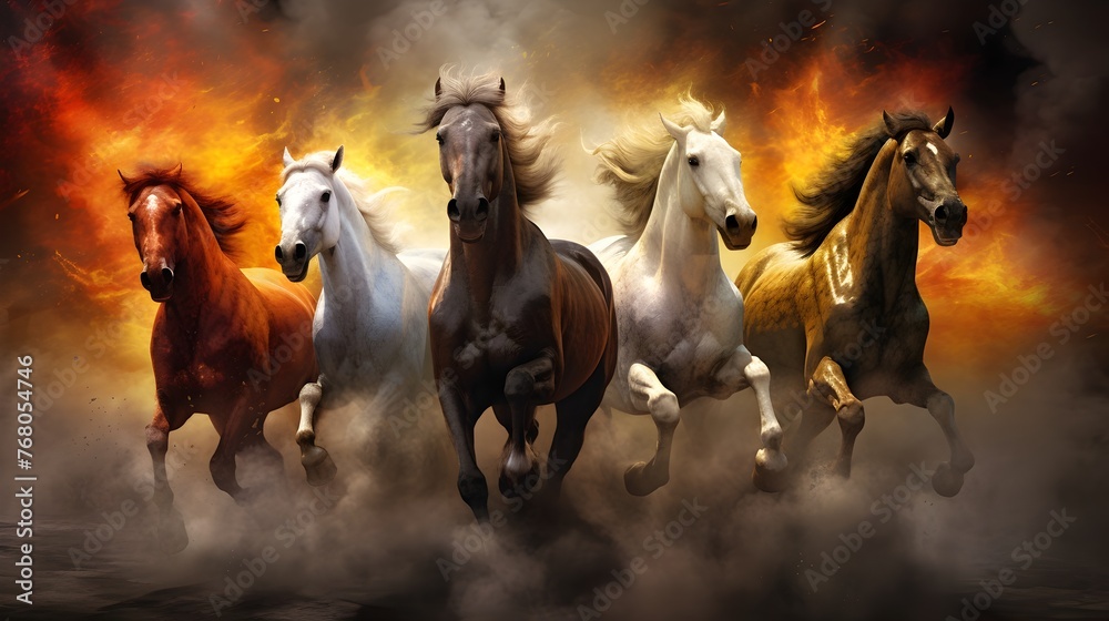Galloping horses engulfed in fiery background - Four majestic horses are set against a dynamic backdrop of flames and smoke in this powerful image
