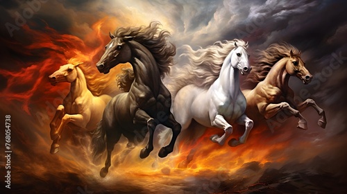 Four majestic horses galloping in a fiery sky - A powerful image depicting four horses of different colors galloping fiercely against a backdrop of a dramatic, fiery sky photo