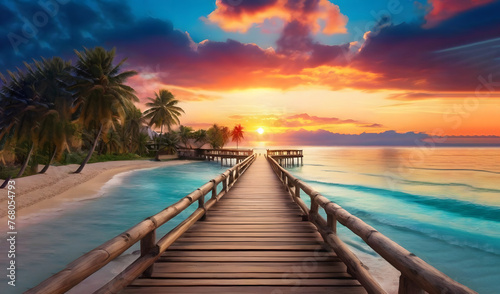 Beautiful sunset beach coast. Colorful sky clouds sun rays over palm trees silhouette. Panoramic island landscape, calm sea reflections relax tropical paradise. Wooden pier path led lights in resort