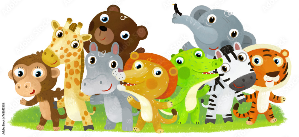Obraz premium Cartoon zoo scene with zoo animals friends together in amusement park on white background with space for text illustration for children