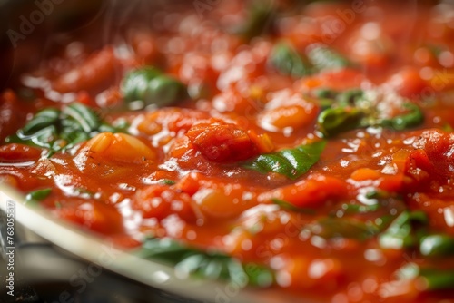 A detailed view of a pan filled with food featuring ripe tomatoes and fresh basil leaves