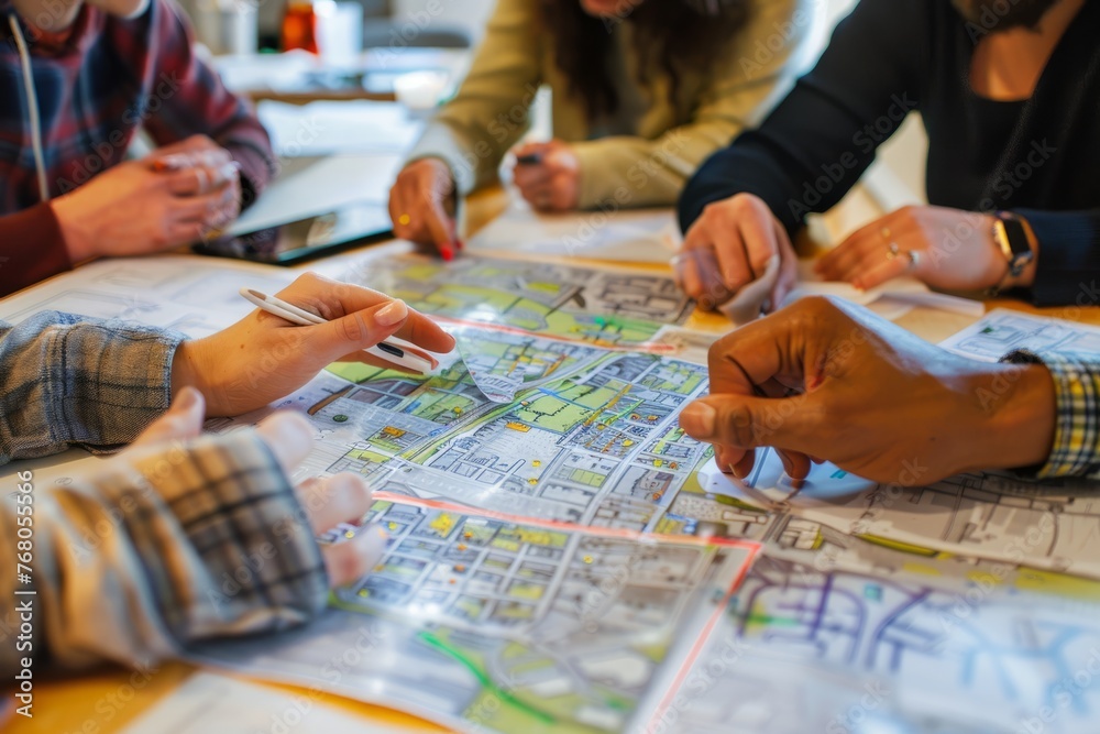 Group of people sitting around a table, examining a map together during a community meeting, showing collaboration and engagement