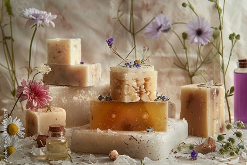 Assorted artisanal soaps and colorful flowers displayed on a table, showcasing a range of scents and textures