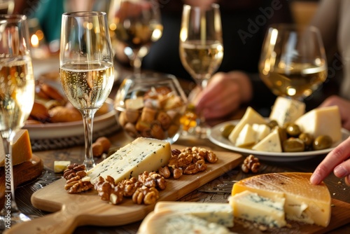 A group of people sitting at a table, enjoying wine and cheese together