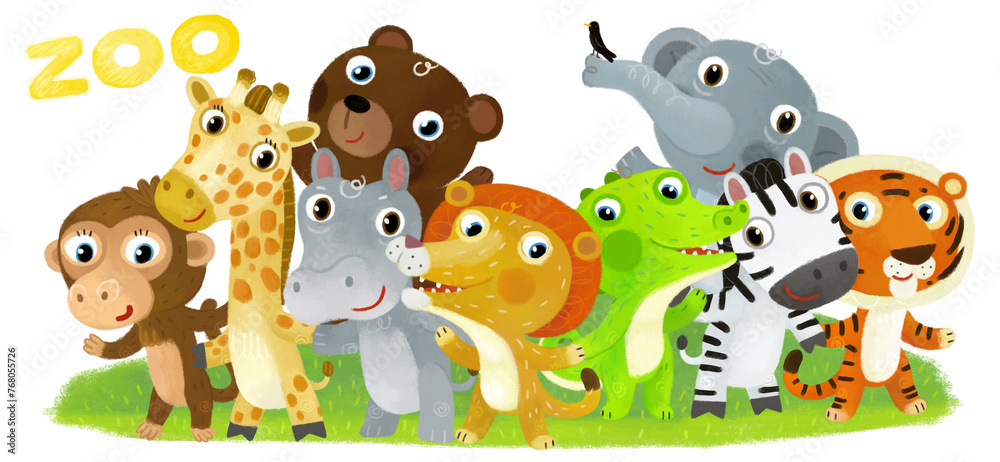 Naklejka premium Cartoon zoo scene with zoo animals friends together in amusement park on white background with space for text illustration for children