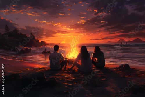 Friends having a bonfire on the beach during sunset