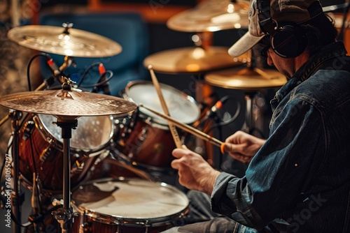 A man seated in front of a drum set, ready to play and record music in a dynamic action shot