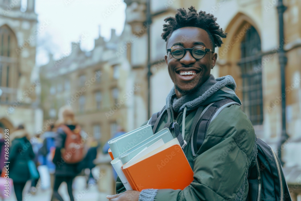 A happy university student holding books and a backpack, smiling at the camera outside what appears to be an academic building, possibly between classes A happy university student holding books and a backpack, smiling at the camera outside what appears to be an academic building, possibly between classes