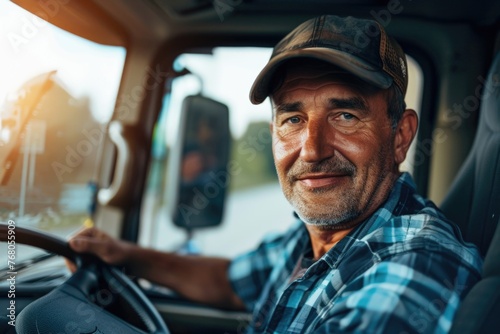A contented professional truck driver seated in his truck, looking at the camera with a slight smile, indicating a sense of pride or satisfaction in his work © romanets_v