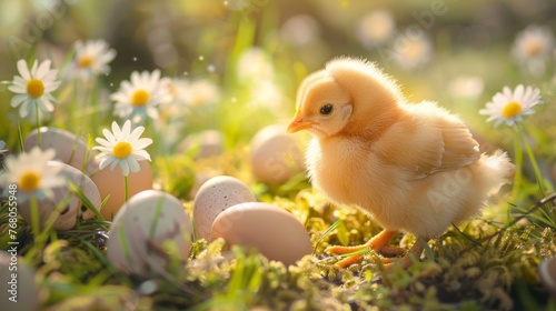 Enchanting easter chick motif: adorable fluffy yellow chicks nestled amidst vibrant spring flowers and green foliage, evoking the joy and warmth of the easter season, perfect for festive decorations a © touseef