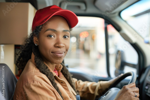 An African American female courier driving a delivery van, possibly representing efficient urban logistics or parcel delivery services