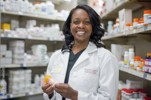 a smiling African American woman pharmacist. She is holding a prescription in one hand and a bottle of pills in the other, suggesting she's cross-referencing the medication with the prescription photo