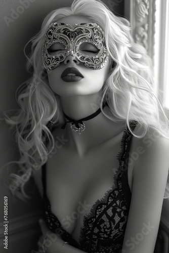 Enigmatic Blonde-Haired Beauty in Elegant Lace and Masquerade Mask, Lying on her Back, Magic and Fantasy in Black and White. 